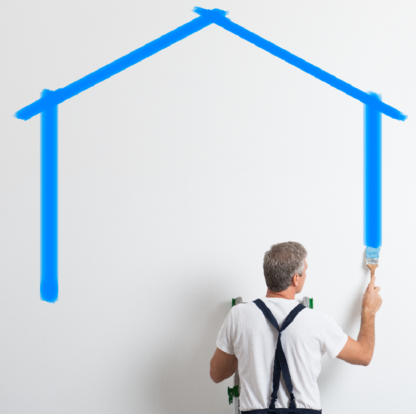 Maling af blåt hus på væg